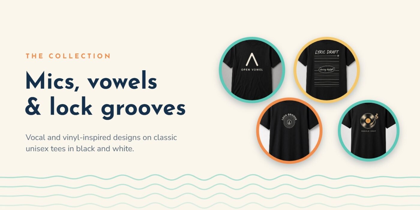 Bleacher Bay collection – microphone, vowel and vinyl groove tees