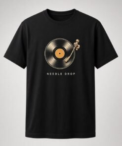 Needle Drop Vinyl Record unisex t-shirt in black with vinyl record with orange label and gold tonearm